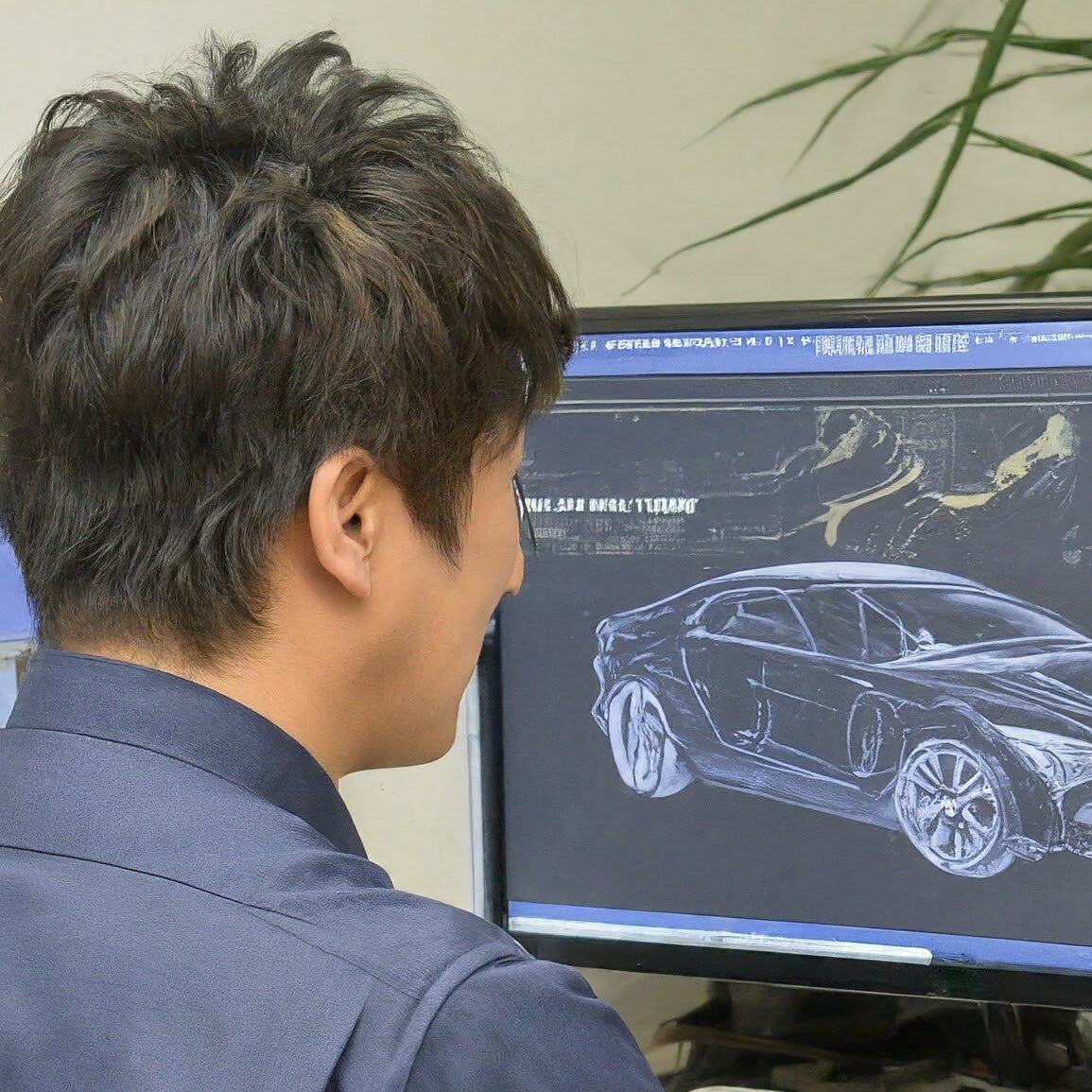 自動車エンジニアとは？仕事内容・必要スキル・目指し方・将来性ものイメージ画像‐CADを使って自動車の図面を作成している自動車エンジニアの男性