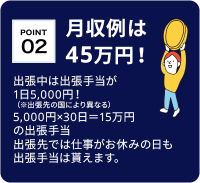 【月収例は45万円！】出張中は出張手当が1日5,000円！（※出張先の国により異なる）5,000円×30日＝15万円の出張手当出張先では仕事がお休みの日も出張手当は貰えます。