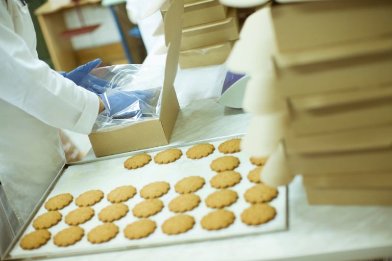 「食品工場の仕事に向いている人の特徴」のイメージ画像‐食品工場でcookyの箱詰めの作業をしている様子